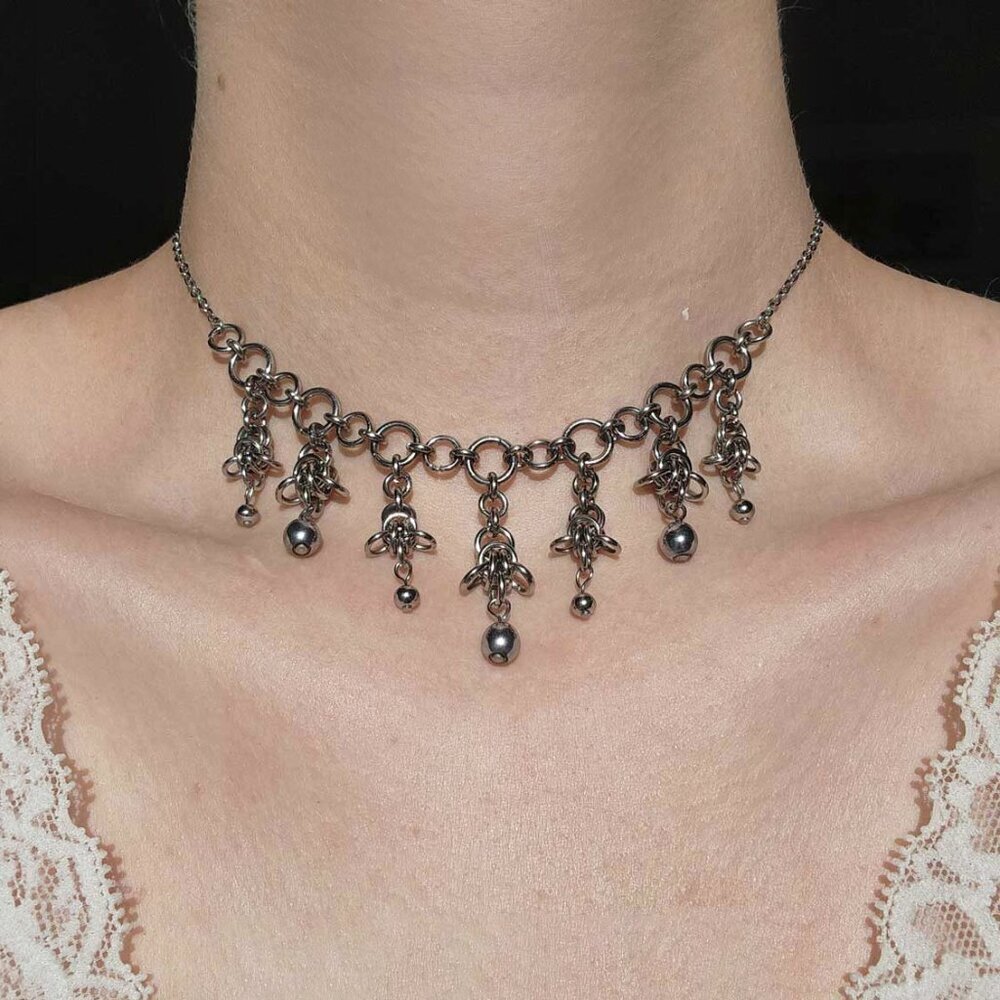 Gothic byzantine choker chainmail necklace with a small silver chain